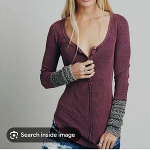 Free People Eggplant Long Sleeve Henley Alpine Waffle Weave Size M